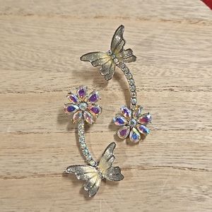 Aurora Borealis rhinestones silvertone butterfly flower dangle earrings